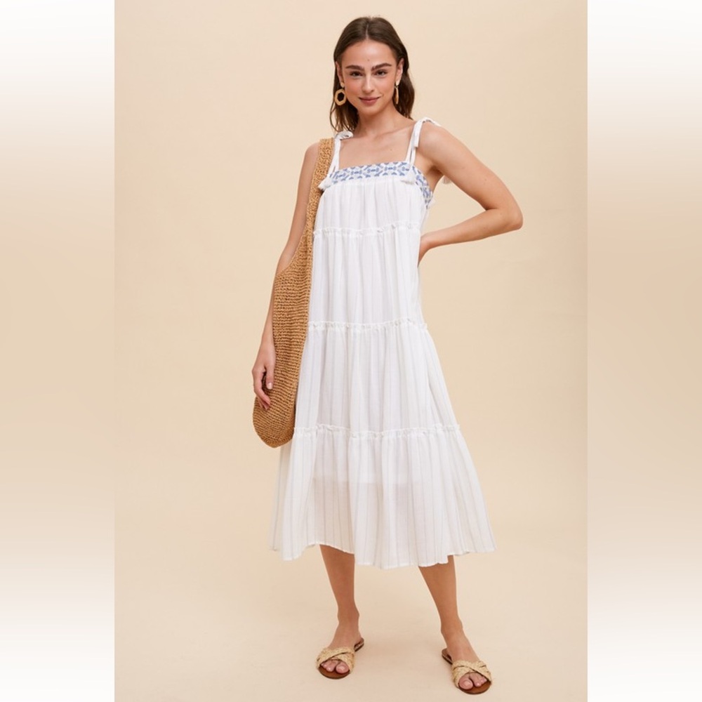 White Tiered Midi Sundress with Blue Trim